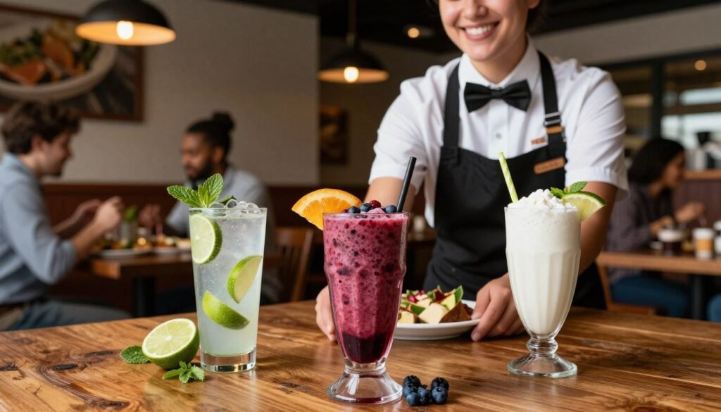 A vibrant display of allergen-friendly beverages at Chili's, arranged on a rustic wooden table in a cozy restaurant setting. In the foreground, a colorful selection of drinks: a refreshing lime-infused sparkling water, a rich berry smoothie, and a creamy coconut milkshake, all garnished with fresh fruit and herbs. In the middle ground, a soft-focus view of a friendly server in a professional uniform, smiling, while presenting the drinks with care. The background features a warm ambiance with dim lighting, showcasing stylish interior decor and satisfied diners enjoying their meals. The overall mood is welcoming and inclusive, emphasizing a safe dining experience for all guests with allergen considerations. The image captures the essence of Chili's commitment to accommodating diverse dietary needs in a cheerful and inviting atmosphere. A vibrant display of allergen-friendly beverages at Chili's, arranged on a rustic wooden table in a cozy restaurant setting. In the foreground, a colorful selection of drinks: a refreshing lime-infused sparkling water, a rich berry smoothie, and a creamy coconut milkshake, all garnished with fresh fruit and herbs. In the middle ground, a soft-focus view of a friendly server in a professional uniform, smiling, while presenting the drinks with care. The background features a warm ambiance with dim lighting, showcasing stylish interior decor and satisfied diners enjoying their meals. The overall mood is welcoming and inclusive, emphasizing a safe dining experience for all guests with allergen considerations. The image captures the essence of Chili's commitment to accommodating diverse dietary needs in a cheerful and inviting atmosphere.