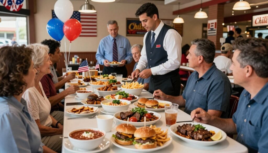 A vibrant scene depicting a festive Veterans Day celebration at a Chili's restaurant, showcasing a beautifully arranged table filled with delicious food specials. In the foreground, a colorful spread of classic American dishes, including bowls of chili, savory burgers, and hearty steak, garnished with fresh herbs. In the middle, waitstaff in smart casual attire warmly interact with customers, emphasizing a welcoming atmosphere. Background elements include patriotic decorations like small American flags and red, white, and blue balloons, under soft, ambient lighting creating a cozy warmth. A wide-angle view captures the bustling environment, embodying camaraderie and celebration, perfect for honoring veterans. The overall mood is cheerful and inviting, encouraging diners to enjoy their meal together. A vibrant scene depicting a festive Veterans Day celebration at a Chili's restaurant, showcasing a beautifully arranged table filled with delicious food specials. In the foreground, a colorful spread of classic American dishes, including bowls of chili, savory burgers, and hearty steak, garnished with fresh herbs. In the middle, waitstaff in smart casual attire warmly interact with customers, emphasizing a welcoming atmosphere. Background elements include patriotic decorations like small American flags and red, white, and blue balloons, under soft, ambient lighting creating a cozy warmth. A wide-angle view captures the bustling environment, embodying camaraderie and celebration, perfect for honoring veterans. The overall mood is cheerful and inviting, encouraging diners to enjoy their meal together.