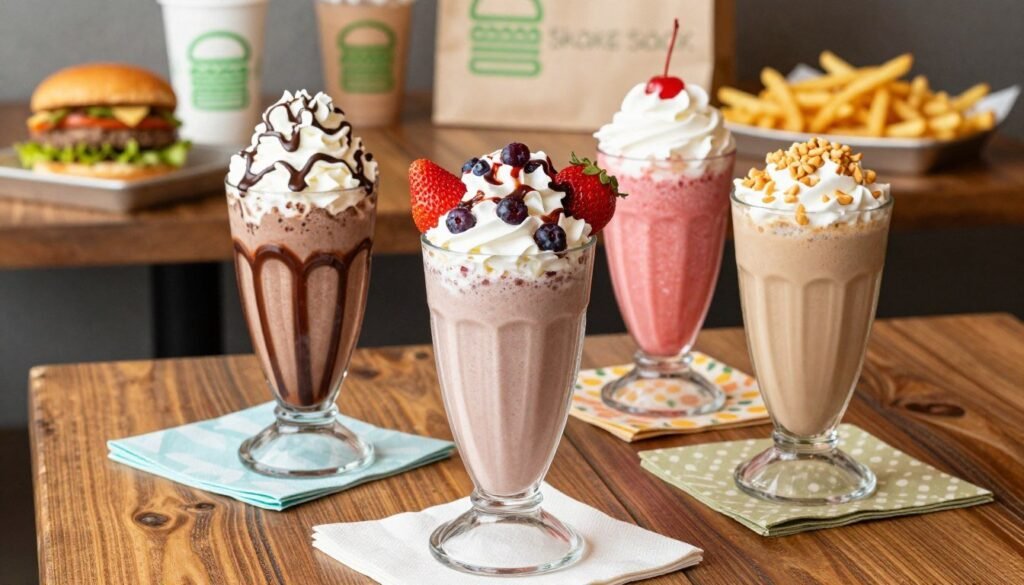 A visually enticing display of Shake Shack's secret menu milkshake combinations. In the foreground, showcase three unique milkshakes in tall, frosted glasses: a rich chocolate shake with whipped cream and chocolate drizzle, a vibrant strawberry shake topped with fresh berries, and a creamy peanut butter shake adorned with crushed peanuts. The middle layer features a wooden table with a rustic texture and colorful napkins, creating a warm, inviting atmosphere. In the background, softly blurred images of Shake Shack's classic burgers and fries add depth without distracting from the main focus. The lighting is bright and cheerful, highlighting the delicious textures and colors of the shakes, creating an appetizing and fun mood, perfect for a foodie article about hidden menu delights.